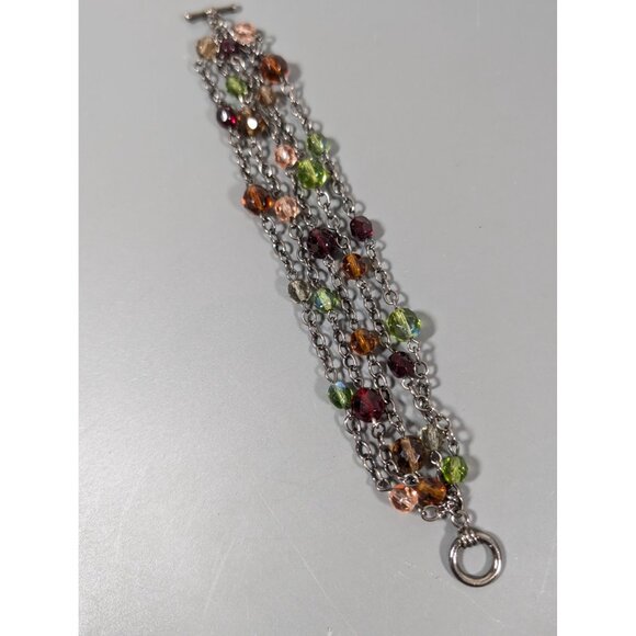 Green Red Glass Bead Gray Metal 5 Chain Toggle Bracelet 6.5" - Picture 6 of 7